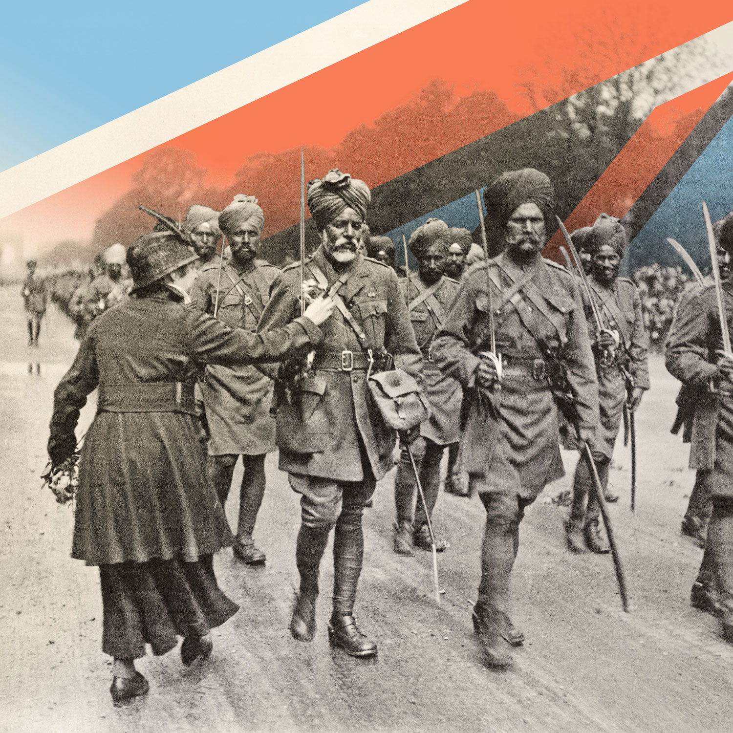 Black and white photo of Sikh soldiers marching